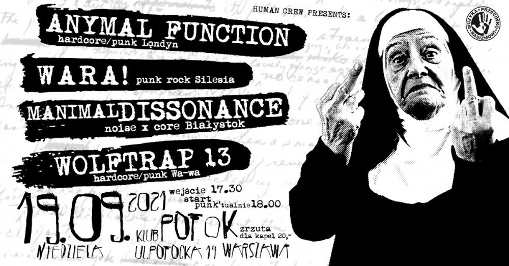 „MUZYKA PRZECIWKO RASIZMOWI”: ANYMAL FUNCTION, MANIMAL DISSONANCE, WARA! I WOLFTRAP 13